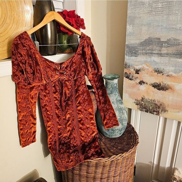 Asos Burnt Orange Velour Embroidered See Through Detail Trim Peasant Style Long - Picture 8 of 13